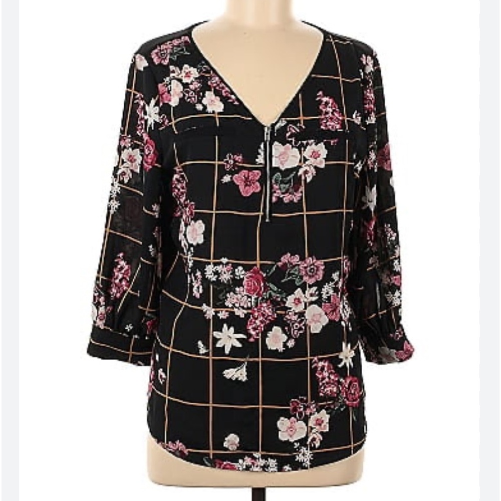 7 AVENUE DESIGN STUDIO NEW YORK & CO WINE FLORAL DESIGN 3/4 SLEEVE BLOUSE SZ XS